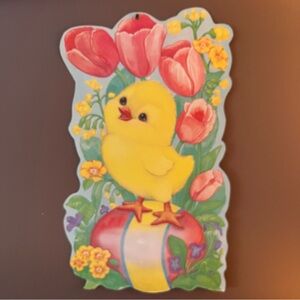 3 Eureka Easter Bunny Spring Diecut Flocked Chics Tulips 💐 decor 1980’s over 13”